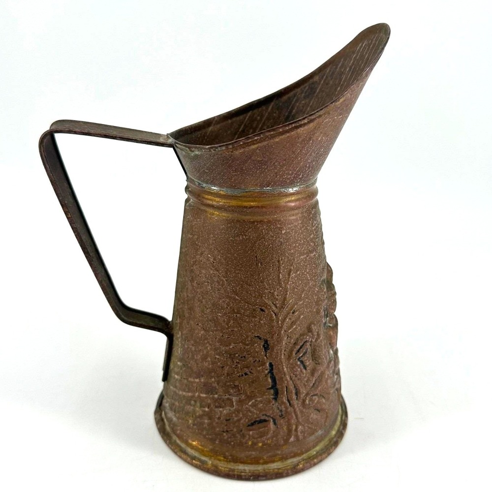 Vintage Embossed Copper Pitcher Tavern Scene Rustic Decorative Patina Metal Jug
